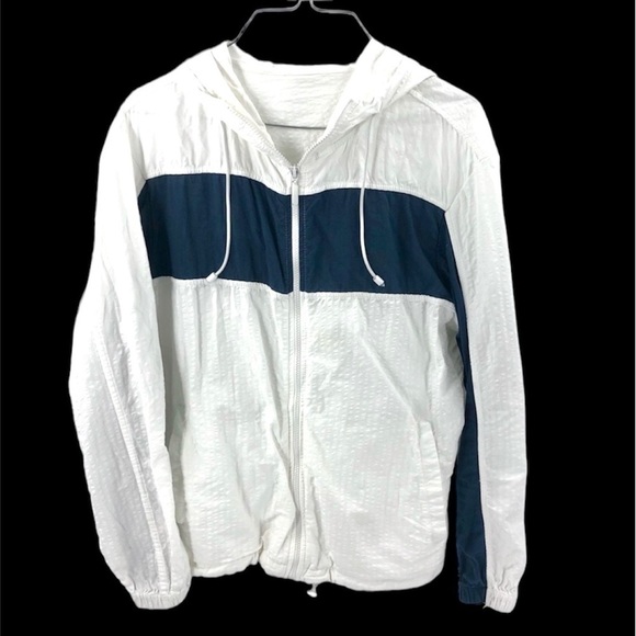 Zara Size Medium Windbreaker Jacket Hooded Colorblock Full Zip White Blue Medium - Picture 1 of 8